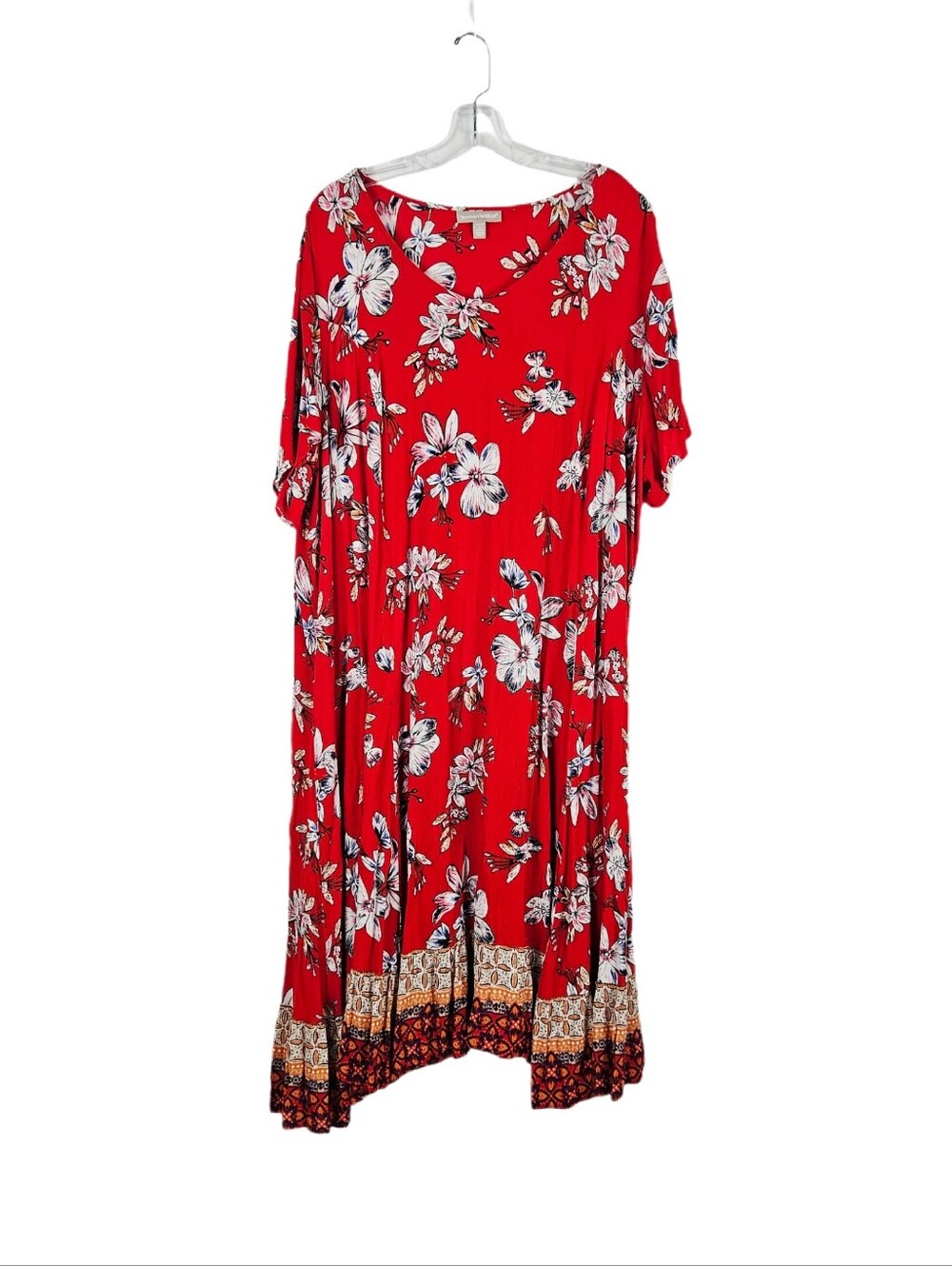 Woman Within Maxi Dress Gauze Red Floral Lightweight Short Sleeve V Neck 4XP